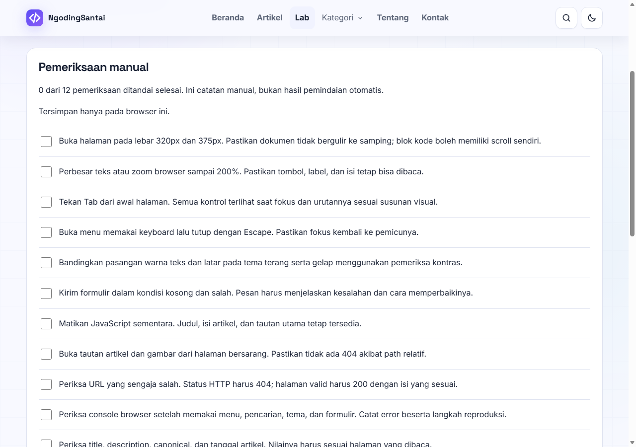Tangkapan browser alat checklist-frontend di Lab Frontend NgodingSantai